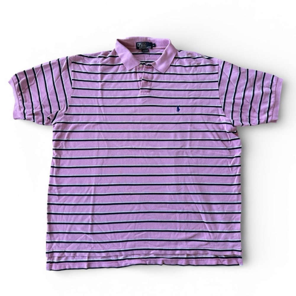 POLO Ralph Lauren Pink + Navy Stripe Short Sleeve Shirt in XL